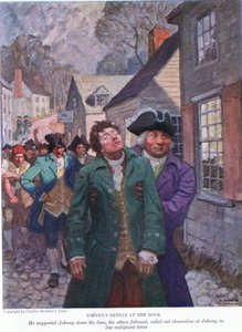 Johnnys nederlag vid kajen: Han stöttade Johnny nerför banan. De andra följde efter och ropade obsceniteter i låga maligna toner, 1928 av Newell Convers Wyeth
