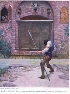 Äntligen lite före gryningen har en spjut kommit vackla till vallgravssidan, genomborrad av pilar, 1916 av Newell Convers Wyeth