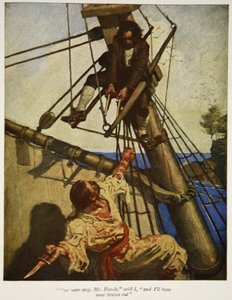 Ett steg till, mr Hands, sa jag, och jag skjuter dig ihjäl, en illustration från "Treasure Island" av Robert Louis Stevenson, publicerad av Charles Scribner