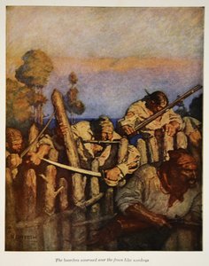 Gränsarna svärmade över staketet som apor, en illustration från "Treasure Island" av Robert Louis Stevenson, pub. av Charles Scribners söner, 1911 av Newell Convers Wyeth
