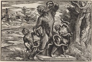 Karikatyr av Laocoongruppen av Niccolò Boldrini after Titian