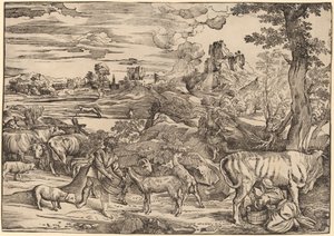 Landskap med en mjölkerska av Niccolò Boldrini after Titian