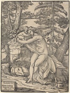 Venus och Amor av Niccolò Boldrini after Titian
