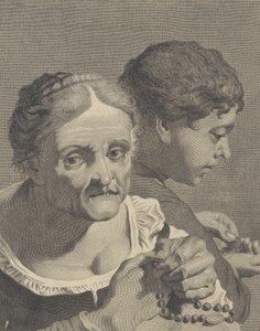 Kopia på baksidan av en gammal kvinna med ett radband och en pojke som räknar mynt, skylt 10 fr..., ca. 1750-90. av Niccolò Cavalli