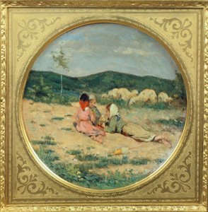 Tallrik målad med figurer av herdar, av Niccolo Cannicci, cirka 1880, olja på terrakotta tallrik