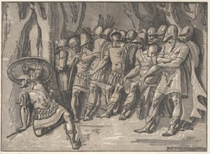 Ajax nedre vänster håller en sköld högt, till höger står Agamemnon omgiven av hans..., 1540-50.