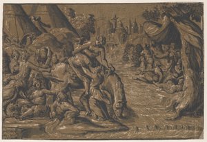 Cloelia, den romerska hjälten i centrum som hjälps upp på en häst, Rom i bakgrunden,..., 1540-50