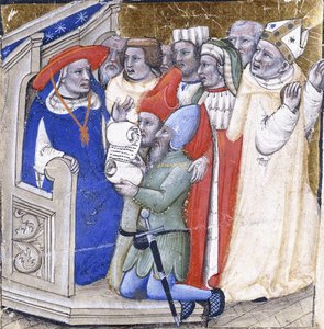 En kardinal som sitter i dom över en biskop, anklagad av två lekmän, ca 1380 (färg och bladguld på veläng) av Niccolo di Giacomo