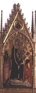 Madonna och barn med heliga (tempera på panel)
