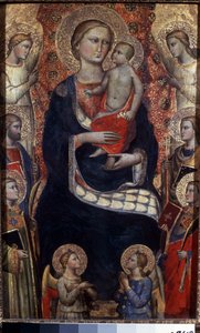Madonna och barn med heliga och änglar. Madonna med barn, helgon och änglar. Målning av Niccolo di Pietro Gerini (cirka 1350-1415). Florentinsk konst, medeltiden. Tempera på trä. Eremitagemuseet, Sankt Petersburg