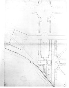 Platsritning av schema I, Hampton Court, 1689 (penna och bläck och penna på papper) av Nicholas Hawksmoor