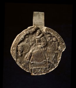 Avtryck gjort från baksidan av drottning Elizabeth I:s andra stora sigill (vax) av Nicholas Hilliard
