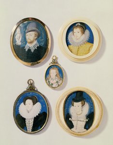 Miniatyrer, från vänster till höger, från T till B: Man med en hand från ett moln; Okänd ung man, 1588; Fru Holland 26 år gammal, 1593; Arabella Stuart, hertiginna av Lennox; Okänd dam. av Nicholas Hilliard