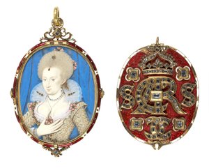 Porträtt miniatyr av drottning Anne av Danmark (1574-1619) med juvelbesatt omslag, ca 1611 (wc på veläng, emaljerad guldram satt med bordsdiamanter) (se även 69710)