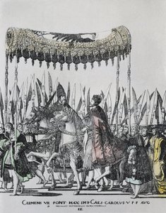 HOGENBERG, Nicolas (1500-1539). Karl V:s kröning i Bologna. CHARLES V (1500-1558). Helige romerske kejsare (1519-1556) och kung av Spanien (1516-1556), som Karl I.; CLEMENT VII (1478-1534). Påve mellan 1523 och 1534. Gravyr av Nicholas Hogenberg