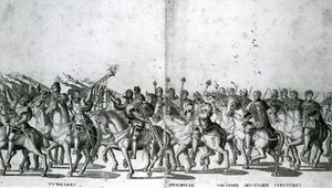 Plåt 12 och 13 av påven Clemens VII och kejsar Karl V:s inresa i Bologna den 24 februari 1530, publicerad ca 1530 av Nicholas Hogenberg