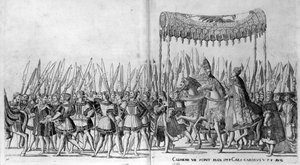 Påven Clement VII och kejsar Karl V:s intåg i Bologna den 24 februari 1530, skylt 27, ca 1530 av Nicholas Hogenberg