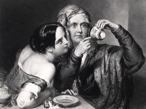Förutsäga framtiden genom att läsa kaffesump, graverad av Charles William Sharpe (1818-99) av Nicholas Joseph Crowley