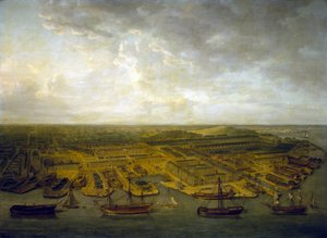 Hamnarna och hamnen i Plymouth (England). Olja på duk av Nicholas Pocock