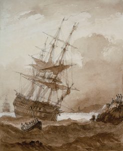 Tvådäckare i storm utanför kusten, sent 1700-tal till tidigt 1800-tal (brunmålad) av Nicholas Pocock