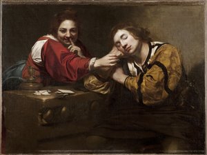 Fortune Taling Scene (Sömn som väcks av en ung kvinna), av Renieri, Niccolo (Nicolas Regnier) (ca 1590-1667). olja på duk av Nicholas Renieri