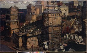 Bygga en stad. (Att bygga en stad). (för ett landsbygdssamhälle i Ukraina). Målning av Nicholas Roerich (1874-1947), olja på duk av Nicholas Roerich