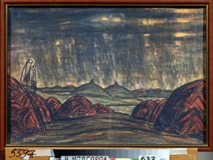 Polovtsien-lägret (eller Couman, Kouman). Förberedande dekor för operan Prins Igor av Alexandre Borodin (Borodin) (1833-1887). Verk av Nicholas Roerich (1874-1947), pastell på kartong av Nicholas Roerich