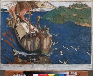 Utomeuropeiska besökare. Varangians (eller Rus) i Ryssland. Danska och svenska vikingar, som reste genom hela flodsystemet i de östra territorierna och byggde fort. Verk av Nicholas Roerich (1874-1947), tempera på kartong av Nicholas Roerich