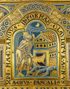 Agnus Pascalis, det symboliska påsklammet ... (emaljplakett i champleveteknik på förgylld koppar) av Nicholas of Verdun
