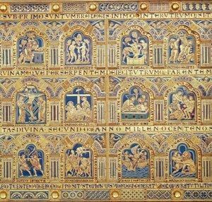 Verdun-altaret, detalj av dekorativa paneler som visar bibliska scener, 1181 champleve-emaljarbete
