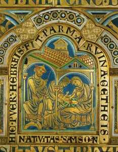 Simsons födelse, Manoah med en medeltida judeshatt ... (emalj på förgylld koppar) av Nicholas of Verdun