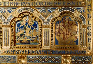 Verdun-altare tillverkat i guld och enamaille av Nicolas de Verdun (ca.1130/50-1205): scener från Gamla och Nya testamentet: detalj som visar de döda som lämnar sin grav på den sista domens dag och förbannelserna som brinner i lågorna av helvetet. 1100-tal