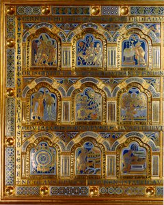 Verdun-altare gjort i guld och emalj av Nicholas av Verdun (ca 1130/50-1205): scener från Gamla och Nya testamentet (korsar Röda havet, kung Melkisedek), Kristi dop, t.