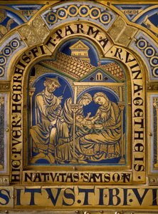 Verdun-altare gjort i guld och emalj av Nicolas de Verdun (ca.1130/50-1205): scener från Gamla och Nya testamentet: detalj som representerar Simsons födelse. 1100-talet Klosterneuburg Wien, Österrike - Verdun Altar, emalj på förgylld koppar, av Nicolas de