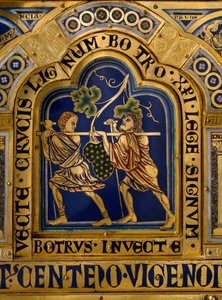 Verdun-altare gjort i guld och emalj av Nicolas de Verdun (ca. 1130/50-1205): scener från Gamla och Nya testamentet: detalj som representerar återkomsten av Josue och Kaleb med ett enormt druvklase från Kanaans land (Utlovat) Landa). 1100-talets Klostern