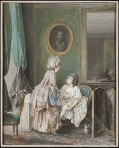 Kvinna som tar på sig sina strumpor - Kvinna som drar i strumpan, av Lafrensen, Niclas (Nicolas Lavreince) (1737-1807). Gouache på papper
