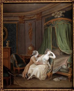 Sen omvändelse En man bekänner förmodligen en otrogen för sin fästmö som svimmar. Målning av Niklas Lavreince (1737-1807) 1700-talets Paris, Musee Cognacq Jay