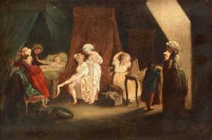 The Lifting of the workers in fashion, av Lafrensen, Niklas (Nicolas Lavreince eller Lavrince) (1737-1807). Olja på trä, storlek: 27x39, , Privat samling