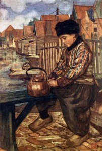 En pojke rengöringsvattenkokare (litho i färg) av Nico Jungman