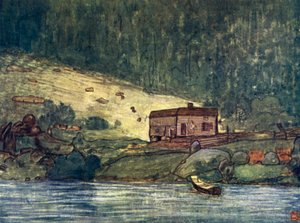 Norge: En liten gård vid floden vid Gjora (färg litho) av Nico Jungman