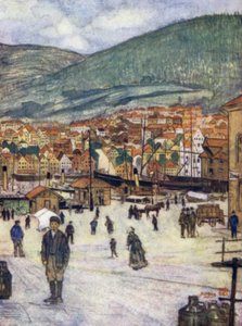 Norge: Bergen (färg litho) av Nico Jungman