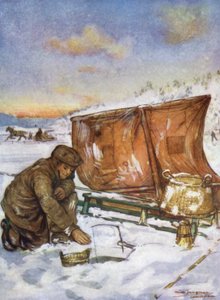 Norge: Fiske genom isen på Christiania Fjord (färg litho) av Nico Jungman