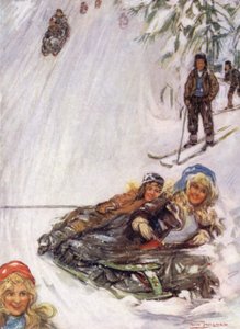 Norge: Girls on Turned Sledge, Holmencollen (färg litho) av Nico Jungman