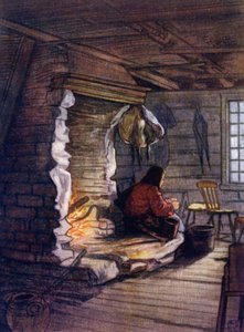 Norge: Making the Dinner, a Cottage Interior at Saelbo (color litho) av Nico Jungman