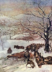 Norge: Snöplog tecknad av åtta eller tio hästar (lito i färg)
