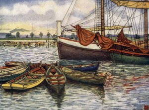 Norge: Trondhjem, Gamla båtar (färg litho) av Nico Jungman