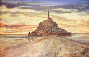 Mont St Michel, solnedgång (färglitografi)