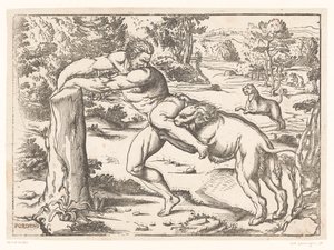 Milo av Croton attackerad av ett lejon av Nicolò Boldrini (attributed to)