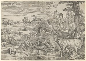 Landskap med en mjölkpiga till höger och en pojke till vänster, ca. 1535-40., ca. 1535-40.