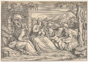 Den heliga familjen med helgonen Elizabeth och Johannes, ca. 1550.